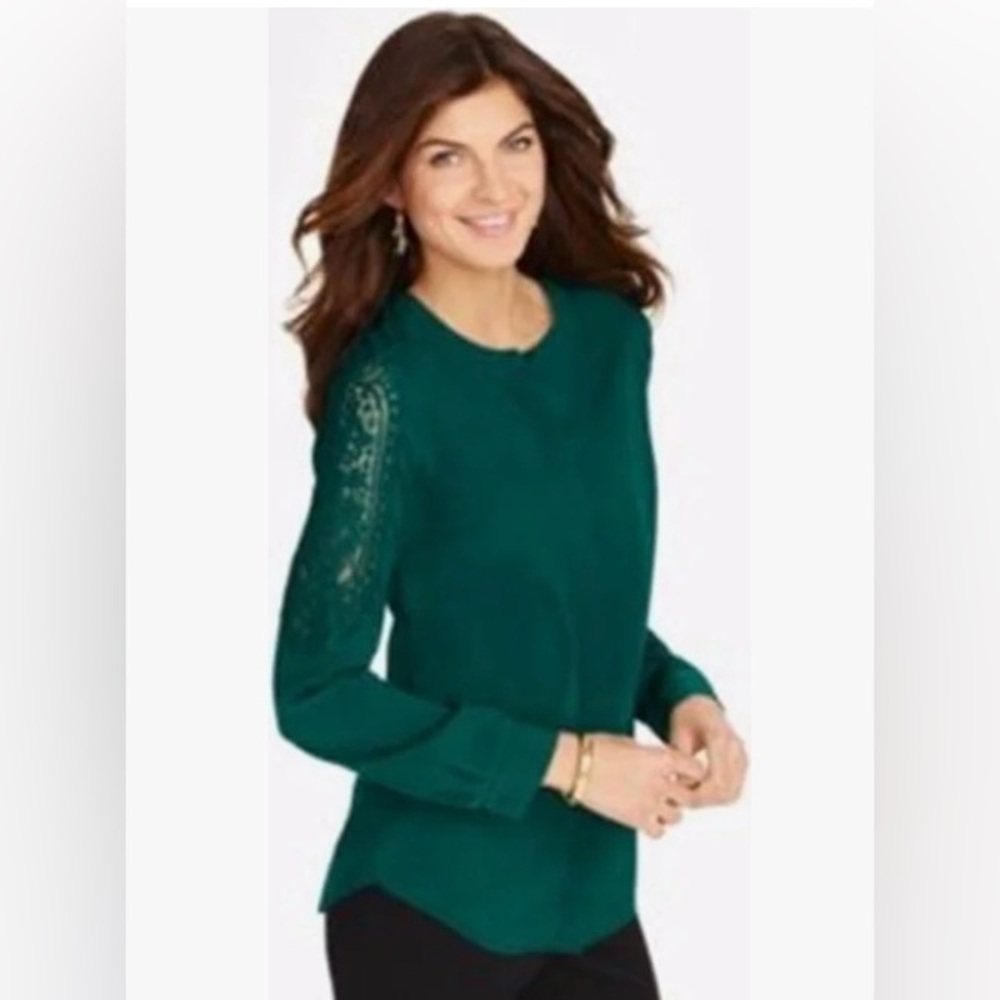 NEW - Dark Green  Long Sleeved Lace Trim Blouse